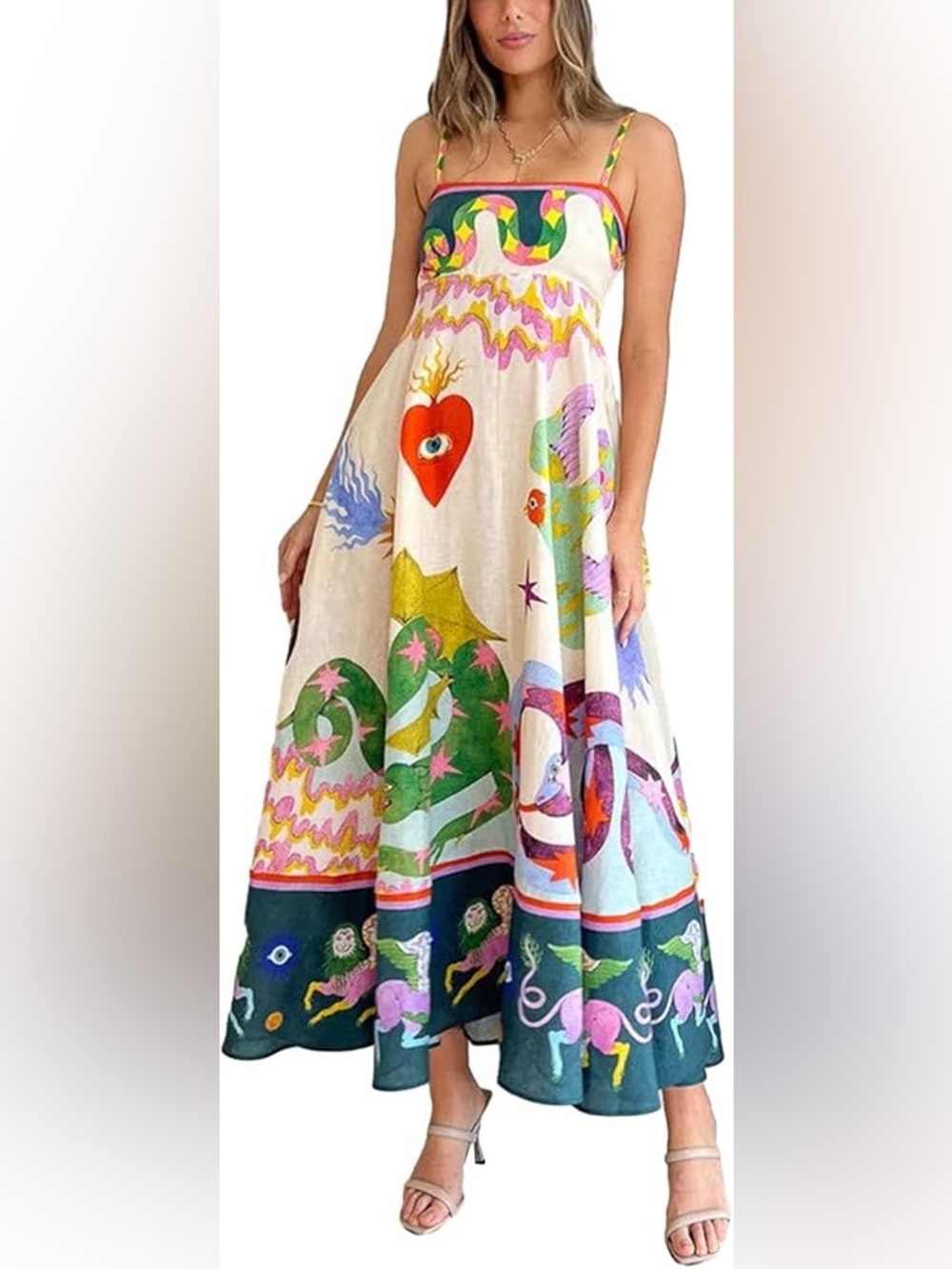Vibrant Multi-Color Printed Maxi Dress with Spaghetti Straps
